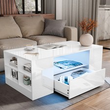 LED Coffee Table Wooden 2 Drawer Storage High Gloss Modern Living Room Furniture