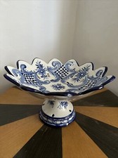 Vintage Handmade Portuguese Blue/White Ceramic Pedestal Fruit bowl (signed)