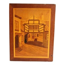 Vintage Wooden Marquetry 'Staging Post 1925' Framed Village Scene Artwork