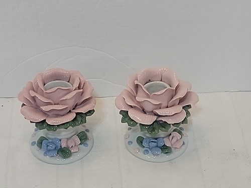 Vtg pink rose - candle, holders