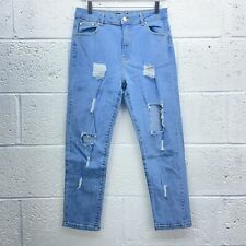 ISAWITFIRST LIGHT BLUE MOM JEANS RIPPED DISTRESSED STRAIGHT LEG HIGH WAIST UK 12