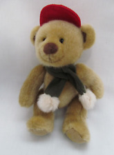 Harrods Plush Soft Teddy Bear wear Red Cap & Green Scarf with Pom Poms Preloved