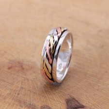 Mens Womens 925 Sterling Silver Tri Colour Celtic Spinning Worry Band Ring