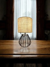 EDISHINE Bedside Table Lamp,  Metal Cage Base & Linen Beige Lampshade E14 Socket