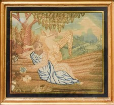 Antique Needlework  Silk work Picture early 19th century pastoral scene Angel
