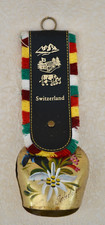 1970s SOUVENIR COW BELL ON LEATHER RIBBON - HAND PAINTED METAL - INTERLAKEN
