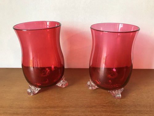 Pair cranberry glass vases - cranberry,