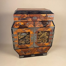 Japanese Lacquer Inlaid Cabinet Vintage Wood Brass Mounts Oriental Chest Box