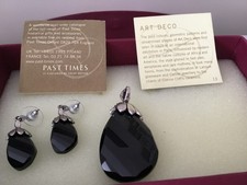 PAST TIMES ART DECO VINTAGE BLACK ONYX & MARCASITE PENDANT & DROP EARRINGS SET