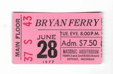Bryan Ferry 6/28/77 Detroit Masonic Temple Auditorium Ticket Stub Roxy Music