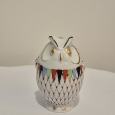 Hollohaza Owl Porcelain Handpainted Fishnet Pattern 1970s Gold Accents Hungarian