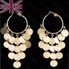 10cm long GYPSY HOOPS statement large HOOP EARRINGS gold tone BOHO mirror disc