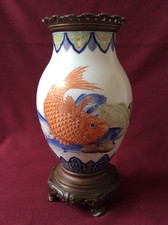 JAPANESE MEIJI STUNNING BRONZE & PORCELAIN VASE WITH 2 SIDED CARP DECORATION VGC