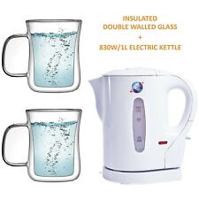 1 L WHITE 830W ELECTRIC CORDLESS KITCHEN KETTLE 350ML Insulated Glass Mugs