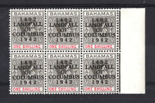 M3809 Bahamas 1942 SG171a - 1/- black & carmine ordinary paper block of 6