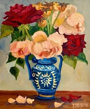 Original Oil Painting Blooming Roses Flowers Still life Vintage Vase Signed Art