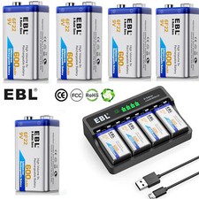 EBL 9V 600mAh 6F22 Li-ion Rechargeable Batteries 9Volt Battery USB Charger Lot