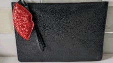 Lulu Guinness Black Glitter Clutch Bag with Red Lips Charm(Detachable )NEW.