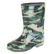 Boys Khaki Camo Wellington Boots Waterproof Green PVC Wellies Non-Slip Sole 