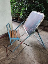 Old Tin Children' Foldable Desk with Chair Drawing Chalkboard Blue Vintage