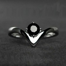 1Ct Round Black Diamond Solitaire Engagement Ring 14K White Gold Finish Size J-T
