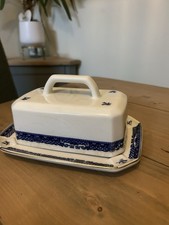 Vintage Large Rare Blue Cream Ceramic Cheese Butter Dish Willow Rington’s Wade