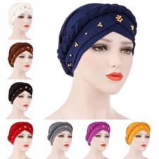 Women's Head Wrap Scarf Muslim Turban Cap Cancer Chemo Hat with Beads Braid HOT