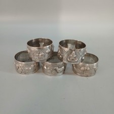 Napkin Rings x5 Silver Tested Embossed Images Huts Animals Occasion Dining -CP