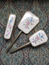 VINTAGE 3 PCE DRESSING TABLE SET BRASS EMBROIDERED PETIT POINT TOPS MIRROR BRUSH