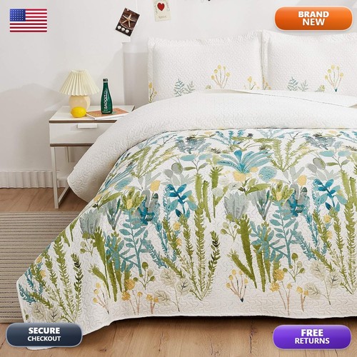Green white floral quilt set - green,
