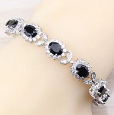 Sterling Silver 925 Bracelet Lab-Created Black  Sapphire White Topaz  Gemstone