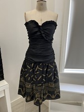 VINTAGE ZANDRA RHODES DRESS SIZE 12/ 14 BLACK GOLD STRAPPLESS 80S GATHERED 