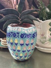 Anthropologie { Rustic Small Planter Plant Pot Blue Multicoloured Floral Block