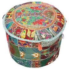 Indian Patchwork Cotton Green Foot Stool Seating Handcrafted Ottoman Pouf 18 in