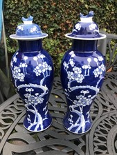 Pair of vintage Chinese Porcelain Vases Painted Blue and White Prunus Jar Qing