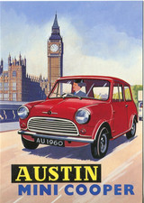 Austin Mini Cooper Big Ben Classic car Colin Ashford art Santoro postcard