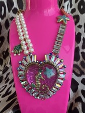 Betsey Johnson Jewels Of The Sea HUGE Lucite Seahorse Pink Puff Heart Necklace