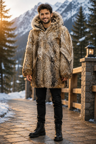Men real coyote fur jacket - coyote,