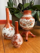 Japanese Meiji Kutani Porcelain Vase Trio - One with Bamboo Feet c.1900