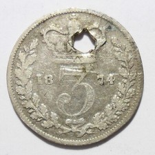 3d 1874 VICTORIA COIN 925 STERLING SILVER THREE PENCE THREEPENNY PIECE PIERCED