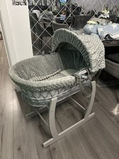 Claire de lune moses basket with wooden rocking stand grey mattress included