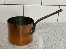 SMALL FRENCH MADE 'FABRICATION FRANCAISE' COPPER SAUCEPAN WITH IRON HANDLE