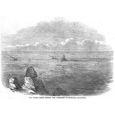LAND'S END Royal Yacht Passing Longships' Lighthouse - Antique Print 1846