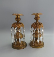 Pair of Regency Period Gilt Metal Candlesticks with Cut Glass Lustre Drops c1820