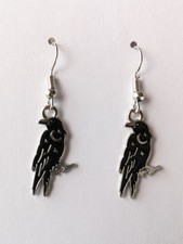 Crow Enamel Charm Earrings Moon Stars Silver Plated Gothic/Halloween/Horror