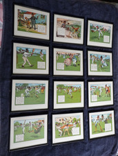 VINTAGE CHARLES CROMBIE FRAMED PRINTS LAWS OF CRICKET X12 CARTOONS LITHOGRAPHS