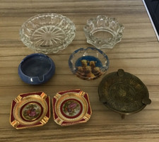 Collection of 7 x VTG Ashtrays, Tobacciana Limoges. Brass? Ceramic & glass 