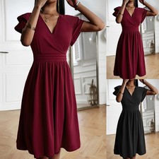 Women V Neck Mini Dress Frill Sleeve Ladies Evening Cocktail Party Prom Dress