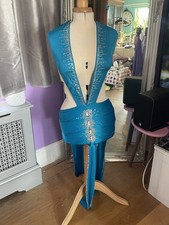 Bright Blue Silver Sequin Deep Plunge Cut Out Dip Hem Backless Prom  Dress