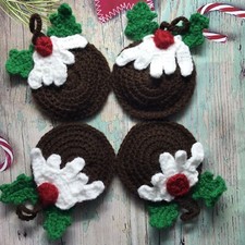 Set 2 Crochet Handmade Christmas Fig Pud Ornament Applique Tree Accessory Decor